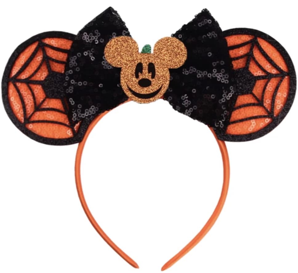 Image of CLGIFT Halloween Minnie Ears,Pick your color, Orange Minnie Ears, Silver gold blue minnie ears, Rainbow Sparkle Mouse Ears,Classic Red Sequin Minnie Ears (Halloween Web Mickey)