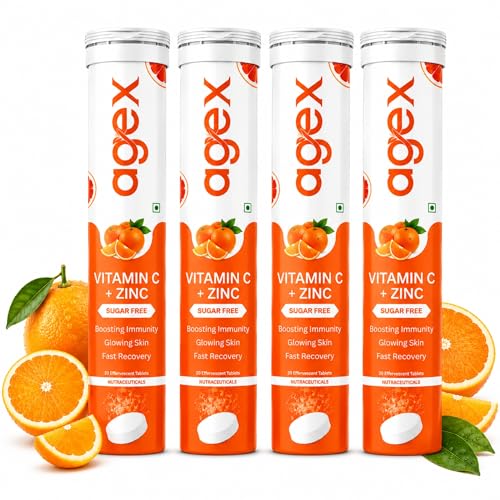 Image of Vitamin C+Zinc Effervescent Tablets | Natural Amla Extract 1000mg + Vit C 80mg + Zinc 10mg | Immunity Booster for Skin, Hair & Nails | Supports Collagen Production |Orange Flavour | Sugar-Free | 80 Effervescent Tablets (Pack of 4)