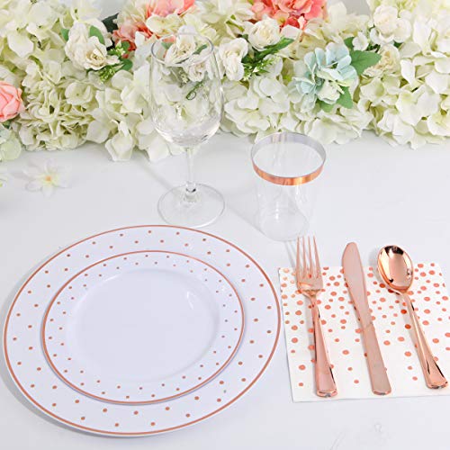 Wellife 350 Pcs Rose Gold Plastic Dinnerware, Disposable Rose Gold Dot Plates, Includes: 50 Dinner Plates, 50 Dessert Plates, 50 Forks, 50 Knives, 50 Spoons, 50 Cups, 50 Dot Napkins #TOP2