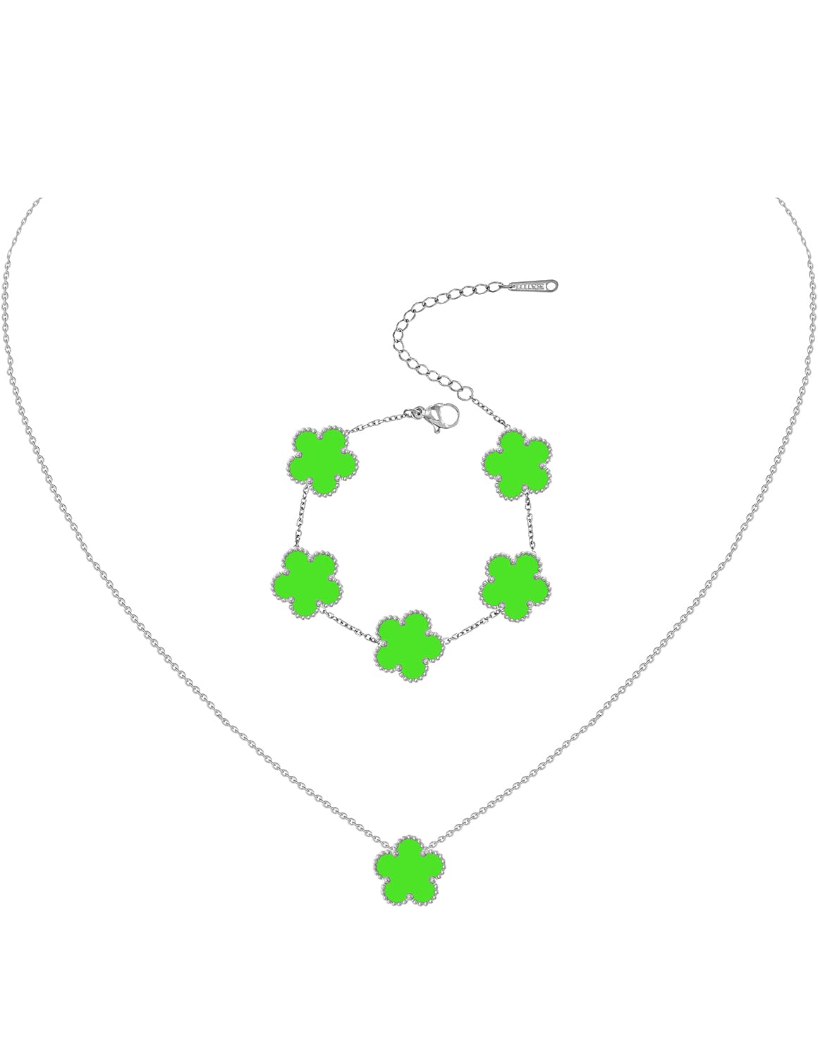 Gold Plated Stainless Steel Four Leaf Clover Bracelet and Necklace Jewelry Set for Women