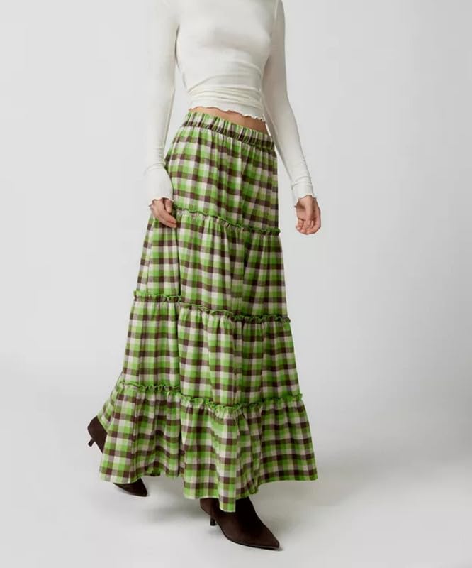 Y2K Women Plaid Tiered Maxi Skirt Elastic High Waist Gingham A Line Long Skirt Flowy Swing Vintage Midi Skirts2