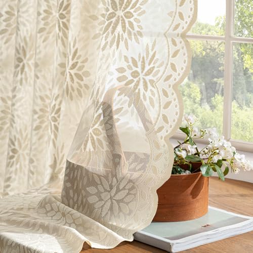 Image of MIULEE Vintage Floral Scalloped Lace Curtains 2 Panels, Cream 52 inch W x 84 inch L | Victorian Decorative Design, Semi Sheer Curtains, Light Filtering Rod Pocket Panels Decor for Bedroom Living Room