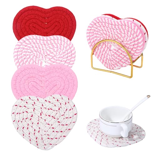 Pink Heart Coasters Set of 4 Handmade Braided Cotton Cute Coasters with Holder Valentines Drink Accessories for Home Restaurant Tea Coffee Bar Decoration Mothers Day Teacher Nurse