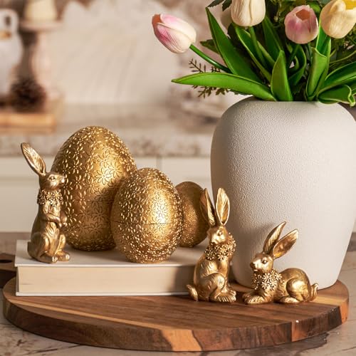DN DECONATION 6-teilige Osterdeko Set mit 3 Hasen und 3 Goldenen Steck-Ostereiern, Kleine Goldene Osterhasen Figuren für Frühlings Tischdeko, Blumen Relief Vintage Deko aus Harz