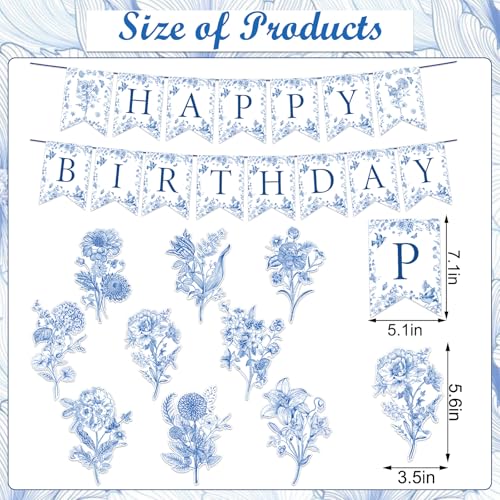Image of JarThenaAMCS 11 Pcs Blue Flower Birthday Banner Chinoiserie Floral Happy Birthday Bunting Garland with Elegant Flower Hanging Swirl for Party Decoration