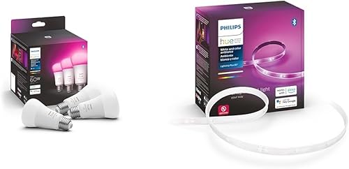 Philips Hue 60W A19 Blanco y Color Ambiance LED Smart Color Cambio Bombillas y Bluetooth Smart Lightstrip Plus 2m6ft Kit base con enchufe
