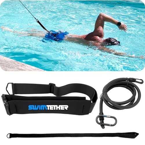 Swim Tether Stationary Swimming Belt Travel Pack – Universal Fit (One Size) for Pools & Swim Spas | Adjustable Comfort Belt, 8-ft Stretch Cord, Non-Slip Anchor Strap, Portable Resistance Training Kit