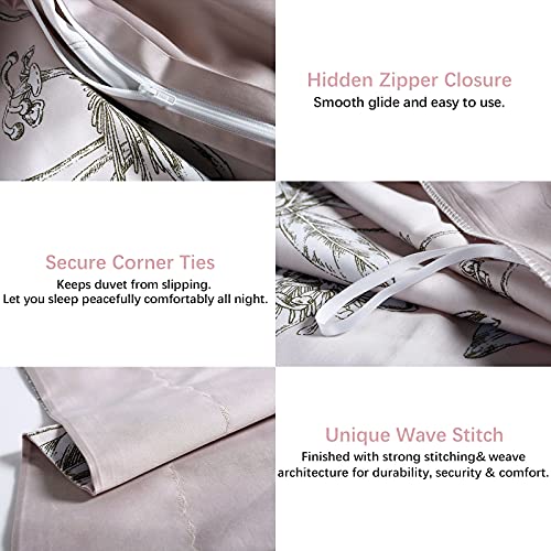 MILDLY 100% Long-Staple Cotton Duvet Cover Set Light Pink Elegant Floral Pattern Printed Comforter Cover 3pcs, Ultra Soft & Breathable Bedding Set