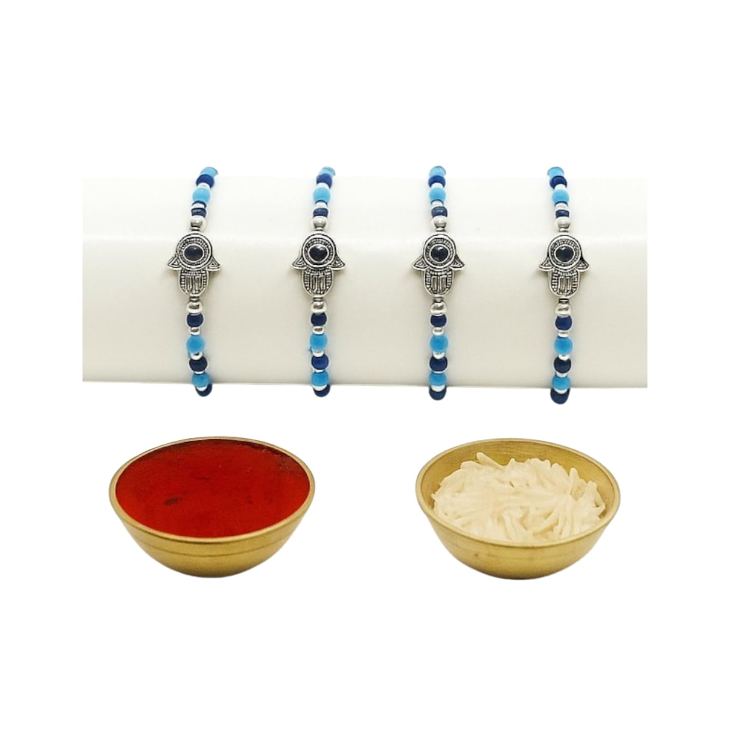 Hamsa Evil Eye Rakhi for Brother Combo-Set of 4 | Hand Made Thread Premuim Evil Eye Rakhi with Roli Chawal, Potli | Rakshanbandhan for Men-image-5