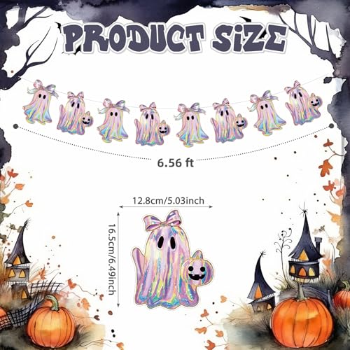 Image of Oudain 2 Pack Halloween Ghost Garland 6.56 ft Iridescent Ghost Decor Laser Cute Boo Holographic Paper Bow Hanging Banner for Halloween Party Decor Birthday Party Home Indoor Outdoor Mantel
