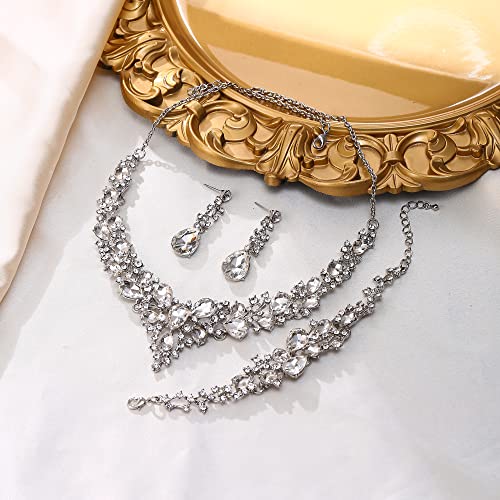 EVER FAITH Statement Halskette Ohrringe und Armband Set für Damen österreichische Kristall Tropfen Cluster Schmuckset Klar Silber-Ton