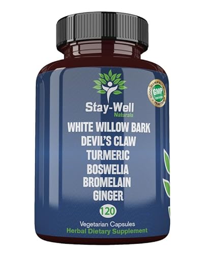 Stay-Well Naturals Pain Relief- White Willow Bark Extract, Devil's Claw, Turmeric, Boswellia, Bromelain and Ginger Premium Extract Blend- 120ct