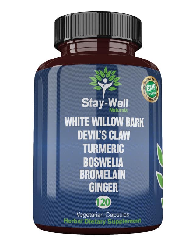 Stay-Well Naturals Pain Relief- White Willow Bark Extract, Devil's Claw, Turmeric, Boswellia, Bromelain and Ginger Premium Extract Blend- 120ct