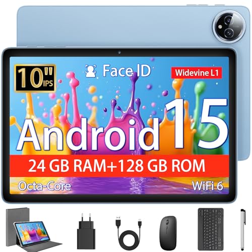 Tablet 10 Pulgadas, Tableta Android 15 con Funda, Ratón & Teclado, Octa Core, 24 GB RAM + 128 GB ROM + 1 TB TF, Pantalla IPS HD 1280 x 800, Cámara Dual, 6000mAh, WiFi 6, BT 5.0, Widevine L1, GPS, Azul