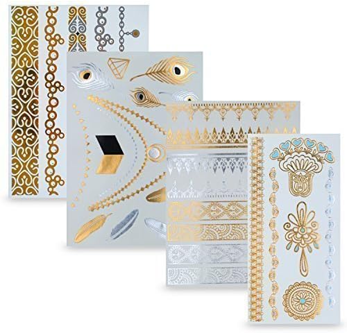 Temporary Tattoos In Various Designs | Removable Tattoo Stickers In Metallic Gold And Silver | Set Of 4 Sheets With 34 Beautiful Tattoos – by Ahimsa Glow®