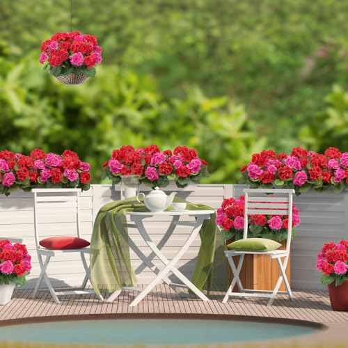 Image of Bassion Artificial Flowers for Outdoors, 6 Pcs Mixed Color Fake Geraniums