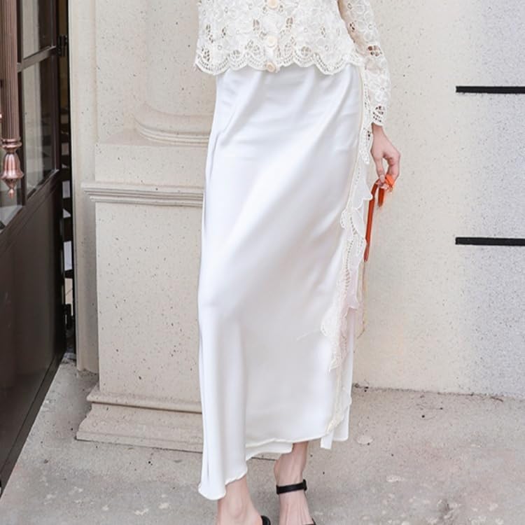 Gonne Midi in Raso da Donna con Spacco Laterale, Elastico in Vita, Vita Alta, Eleganti Gonne in Pizzo Patchwork, Elegante Abito da Sera per Uscite, Ufficio, Vacanze