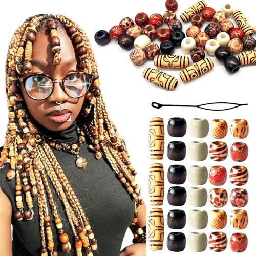 Coriario 60PCS Wood Hair Beads for Braids Loc Hair Wooden Bead Dreadlock Accessories Multi Shape Mixed Natural Loc Beads Hair Decoration for Women/Men