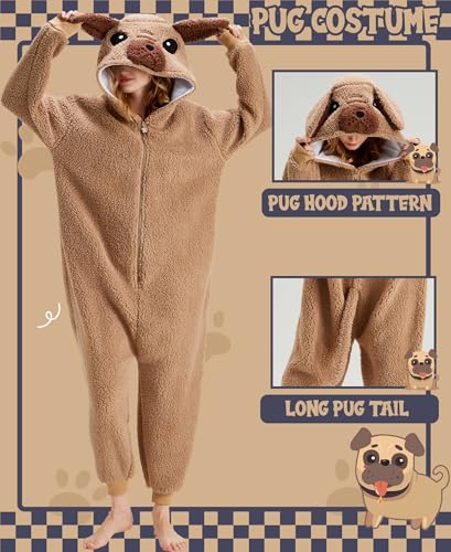 sazpajacos Mops Einteiliger Pyjamas Mops Kostüm Tier Nachtwäsche Cartoon Mops Onesie Frauen Männer Weihnachten Karneval Cosplay Kostüm, Hellbraun M
