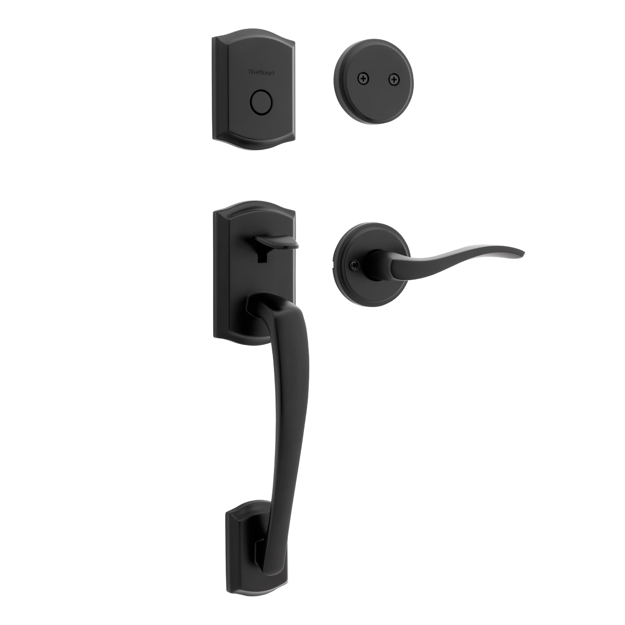 Kwikset Prescott - Juego de manija y cerrojo de seguridad para puerta delantera, juego de manijas simuladas exterior con palanca reversible interior, cerrojo de seguridad de bloqueo seguro, negro mate