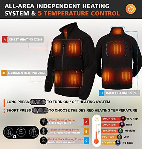 ARRIS Men`s Heated Fleece Jacket with Battery, Electric Heating Coat Full Zip w/ 8 Heating Areas and Hand Warmer …