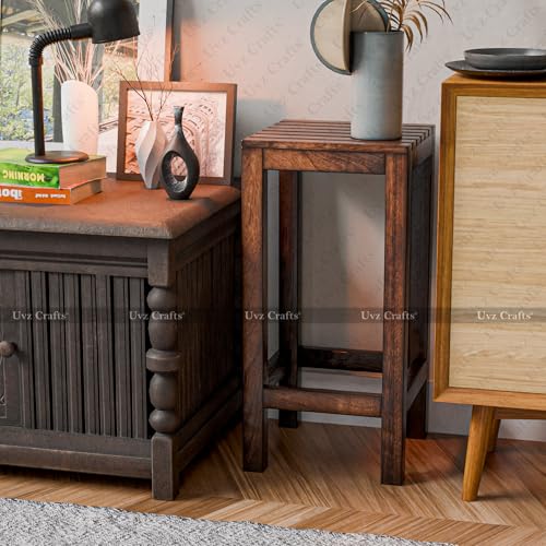 Image of Solid Mango Wood Tall Wooden Stool 24 Inch | Bar Stool for Kitchen & Home | High Stool for Standing, Seating & Plants | Premium Solid Wood