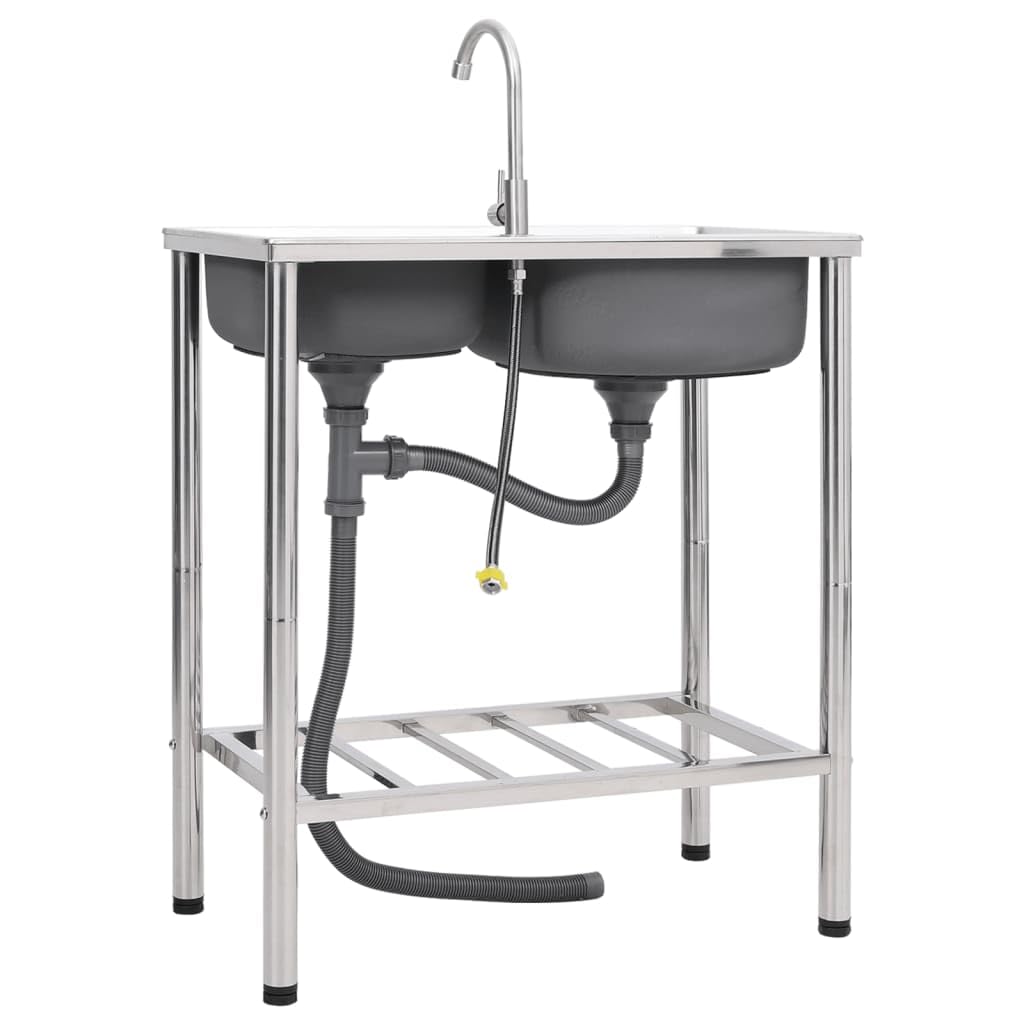 Fregadero de camping de acero inoxidable con doble lavabo, grifo y escurridor para exteriores, resistente a arañazos y golpes, apto para alimentos, repele la suciedad, fácil de limpiar, extraprofundo
