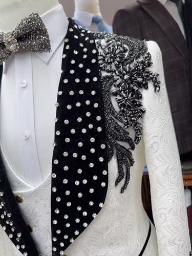 3 Piece Mens Suit Luxury Rhinestones White Jacquard Slim Fit Formal Tuxedo Dress with Jacket Vest Pants4