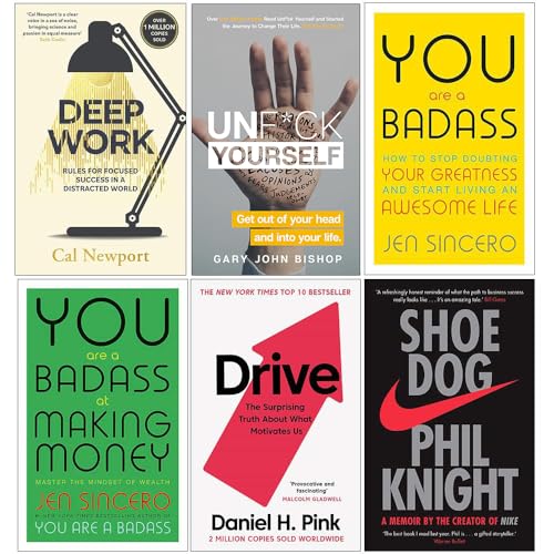 Deep Work, Unfck Yourself, You Are a Badass, You Are a Badass at Making Money, Drive, Shoe Dog 6 Books Collection Set