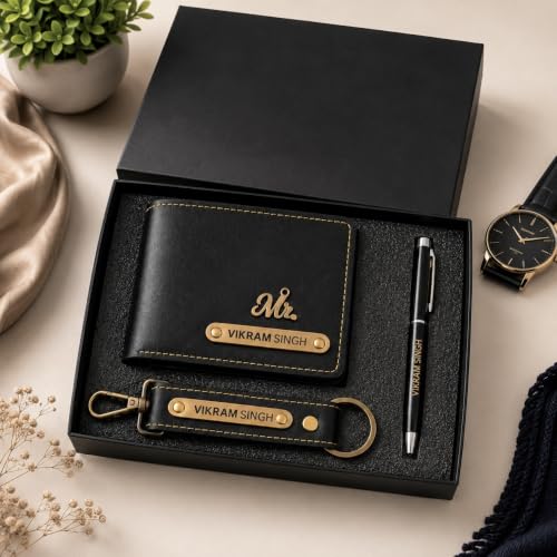 Image of B'Code Personalized Name & Charm Leather Wallet Mens Combo Giftset | Customized Birthday Anniversary Wedding Engagement Office Gifts for Man| Gift for Men| Brothers Raksha Bandhan Present (Black)