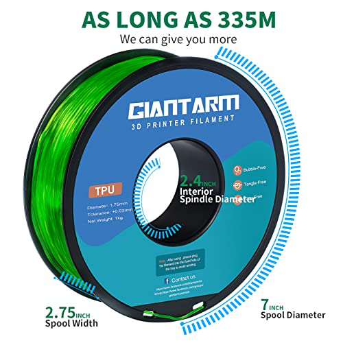 GIANTARM TPU Filament 1.75mm Flexible Soft 3D Printer Consumables Green,95A 1kg Spool (2.2 lbs.), Dimensional Accuracy +/- 0.05 mm