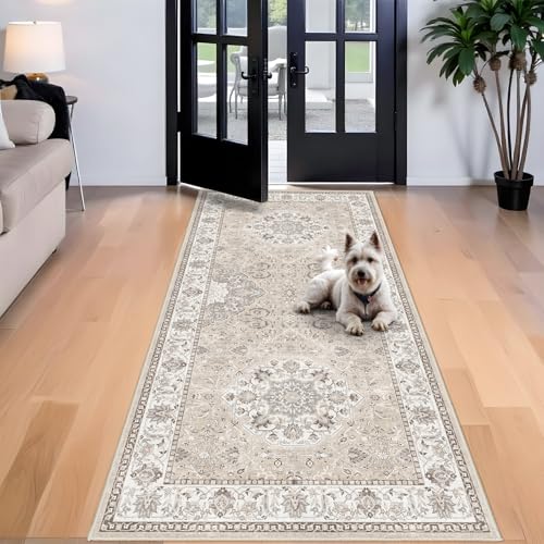 Washable 4x8 Hallway Runner Rug: Vintage 8ft Soft Runners for Entry Kitchen Wide Non Slip Low Pile Carpet for Living Room Bedroom Thin Water Resistant Carpet for Bathroom Dining Room Foyer(Beige,4x8)