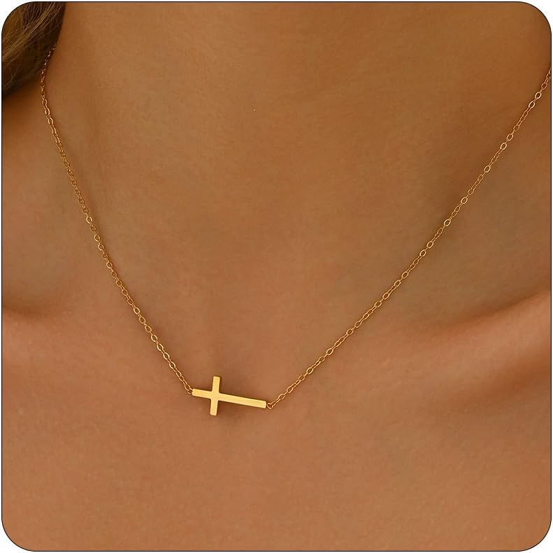 Cross Necklace for Women 18K Gold Plated Cross Pendant Necklace Dainty Sidways Cross Choker Necklaces Simple Small Cross Pearl Chain Trendy Faith Jewelry Gift