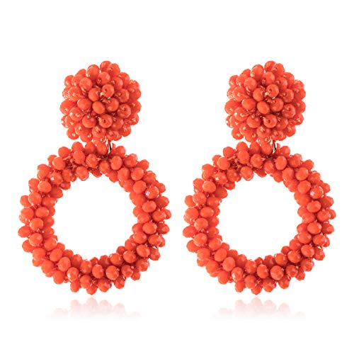 Bohemian Beaded Statement Earrings - Lightweight Sparkly Crystal Teardrop Dangle, Rainbow Marquise, Multi Color Oval Drop, Pearl Hoops (Beaded Hoop - Coral)