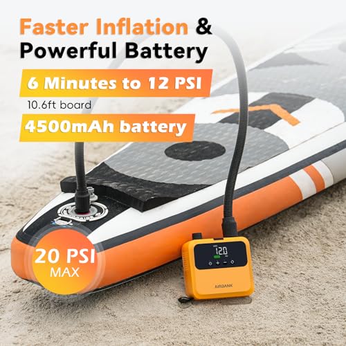 AIRBANK Mini Paddle Board Pump Pulse Pro, Small Rechargeable SUP Pump Electric Portable, Brushless Motor, MAX 20PSI, Fast Inflation Air Pump for Kayak, Inflatables, Boats, Tent, Kite Wings (Orange) — view 4