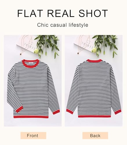 Image of Womens 2024 Striped Long Sleeve Sweaters Fall Crewneck Color Block Shirts Knited Pullover Tops Side Split Dark Blue White