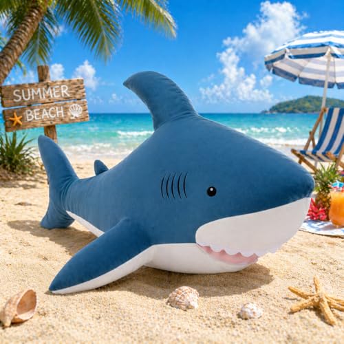 Image of MorisMos 39inch Giant Shark Stuffed Animal, Large Stuffed Shark Plush Toys Pillow Gift for Kids Girlfriend, Blue
