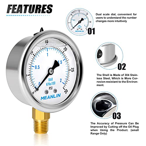 Meanlin Measure 0~30Psi Stainless Steel 1/4" Npt 2.5" Face Dial Liquid Filled Pressure Gauge Wog Water Oil Gas Lower Mount, With 1/4" X 1/2" Npt And 1/4" X 3/8" Npt Hex Bushing #TOP4
