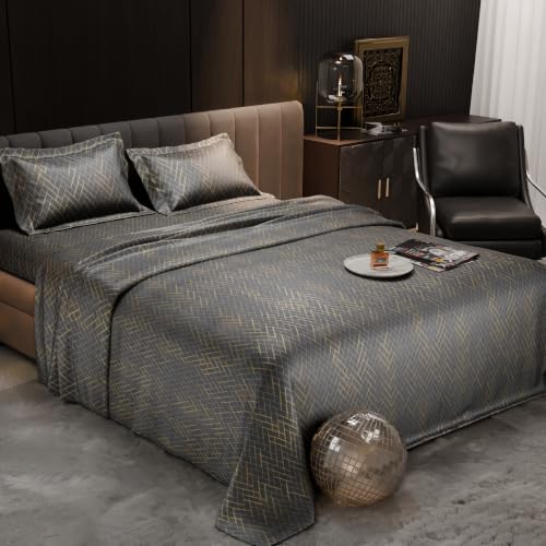 Image of Stoa Paris 300TC UltraSatin Printed Double Bedsheet with 2 Pillow Covers, Gentle on Skin & Hair, Wrinkle & Fade Resistant, Aesthetic Home Decor, Gift for Couple, Starlit Night - Grey (228cm x 254cm)