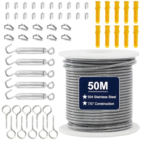 50M Stainless Steel Wire Rope Kit, 304 Stainless Steel Cable with M5 Turnbuckles for Cables Wire, PVC Coated Hanging Wire for Garden, String Lights, DIY Festival Decor, Deck Cable Railings, Canopies