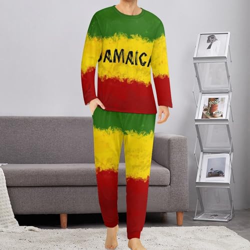 Zakqeik Mens Slim Pajama Sets Jamaica Flag Long Sleeve Sleepwear And Long Pants 2-Piece Lounge Set4
