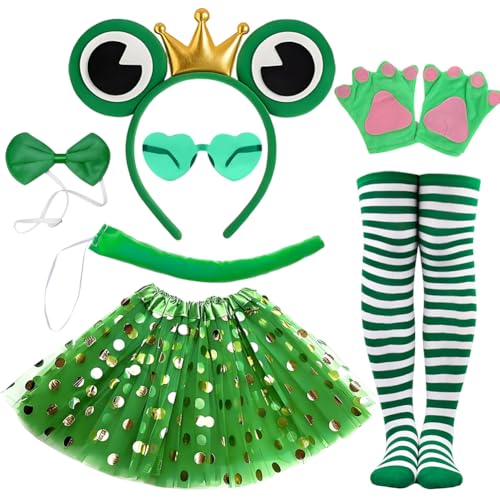KDFSSIPE 7 Piezas Disfraz De Rana Para Adultos y Niños, Rana Guantes, Calcetines, Diademas, Gafas Con Corazones, Pajaritas, Faldas De Tul, Colas, Para Carnaval Disfraz Fiesta Temática Halloween(Rana)