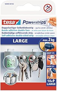 tesa 58000-00104-02 Powerstrips Large, Self-Adhesive Strips - Double-Sided Strips Suitable for Flat and Smooth Surfaces - Holds Objects up to 2 kg - Pack of 10 Powerstrips
