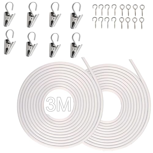 PARFCO Gusano para Cortinas, 2 Piezas Gusanillo para Cortinas, 3 m Alambre de Cortina, Gusanillo para Cortinas Blanco, con Ganchos y Clips, Adecuado para Cortinas Malla, Cortinas de Ducha y Cortinas