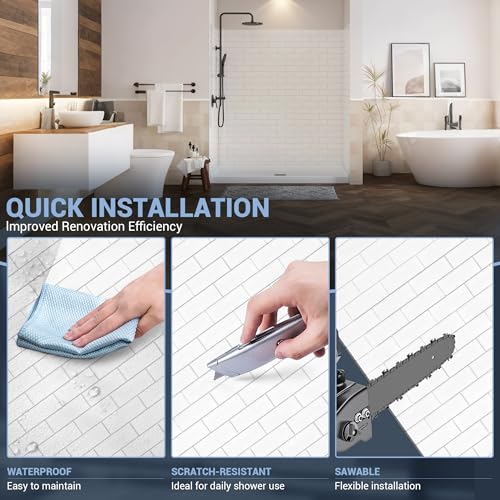 Shower Surround Wall Kit, 32D*60W*84H Inch 1/8\"(3mm) Thick, Grid Surface Wall Panels for Shower Enclosure, White Tile Finish, SMC Material - Thumbnail 4