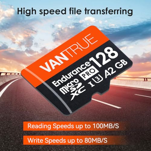 Vantrue 128GB U3 microSDXC UHS-I 4K UHD Video Monitoring Memory Card with Adapter for Dash Cams, Body Cams, Action Camera, Other Surveillance & Security Cams