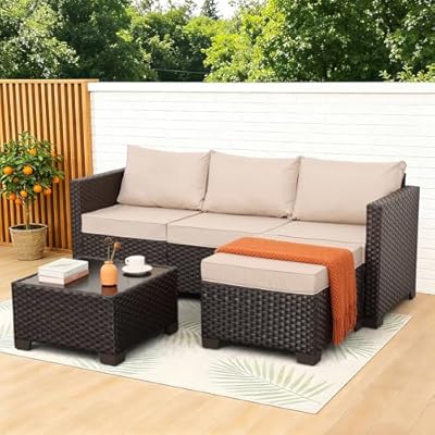 Rattan Star Patio Furniture Set 3 Piece Outdoor Sectional Sofa Set with Wicker Couch, Ottoman, Patio Table All-Weather Non-Slip Cushions and Waterproof Covers, Khaki