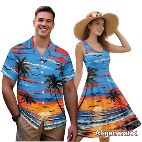 Image of Hawaii Matching Couple Outfits Husband and Wife Clothing Fashionable Mens Casual Shirts Hawaii Dress with Soft Fabric