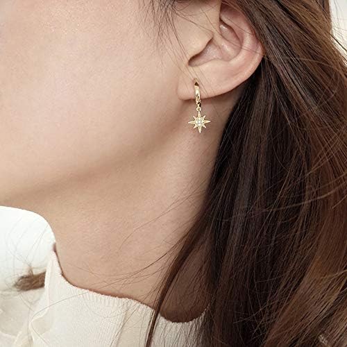 CZ Moon Star Dangle Small Hoop Earrings for Women Girls Sterling Silver Charms Crystal Asymmetrical Snowflake Crescent Drop Mini Cartilage Clip Jewelry Delicate Fashion Birthday Gifts