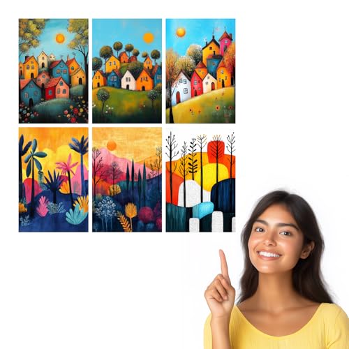 Image of SiddArtify Colorful Village Wall Art Prints Set - Whimsical Landscape Poster Decor for Living Room Bedroom Office - 8x12 Sticker Pack of 6